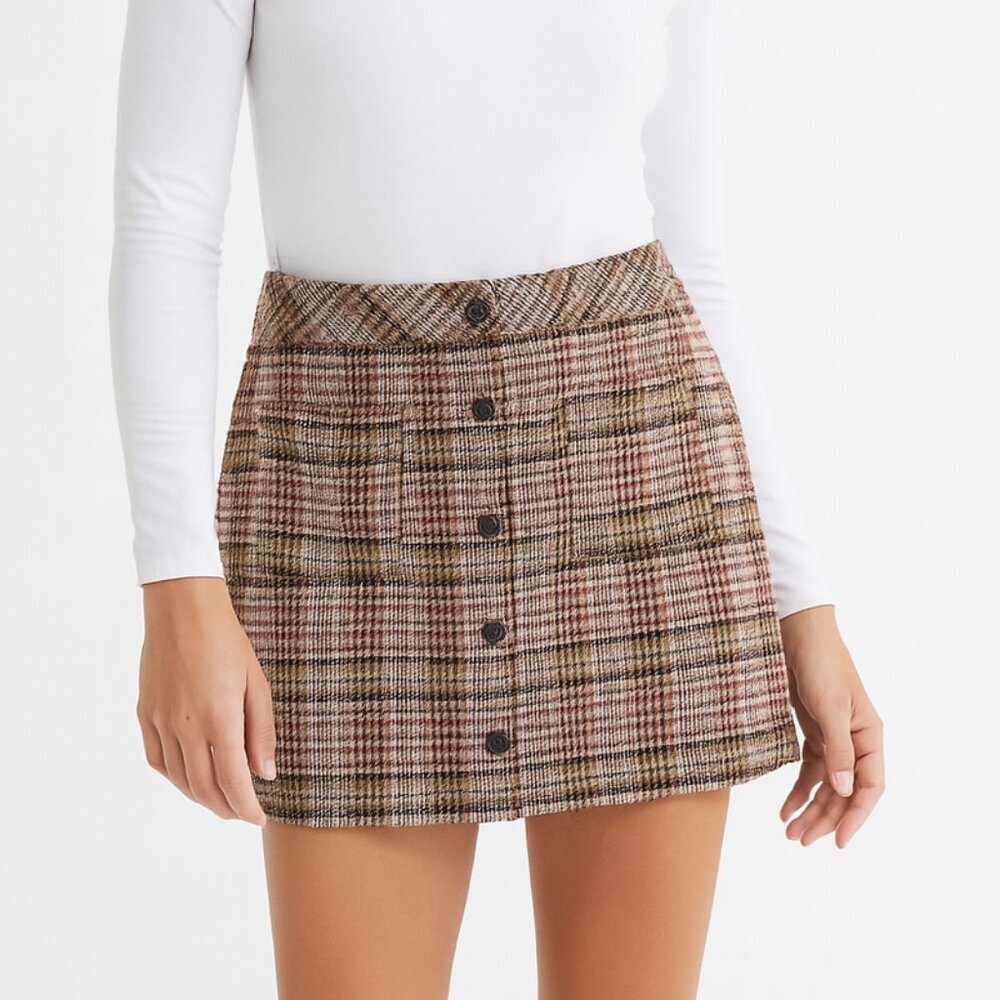 Y2K Plaid Button Front Mini Skirt Brown Pink Pockets Size L